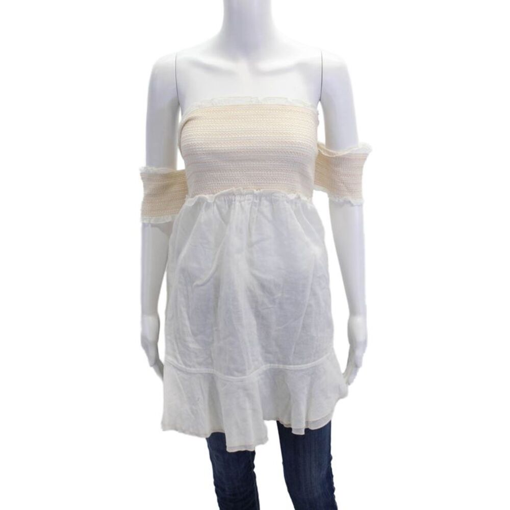 Kisuii Womens Smocked Ruffle Trim Off Shoulder Mini Dress Beige White Size XS